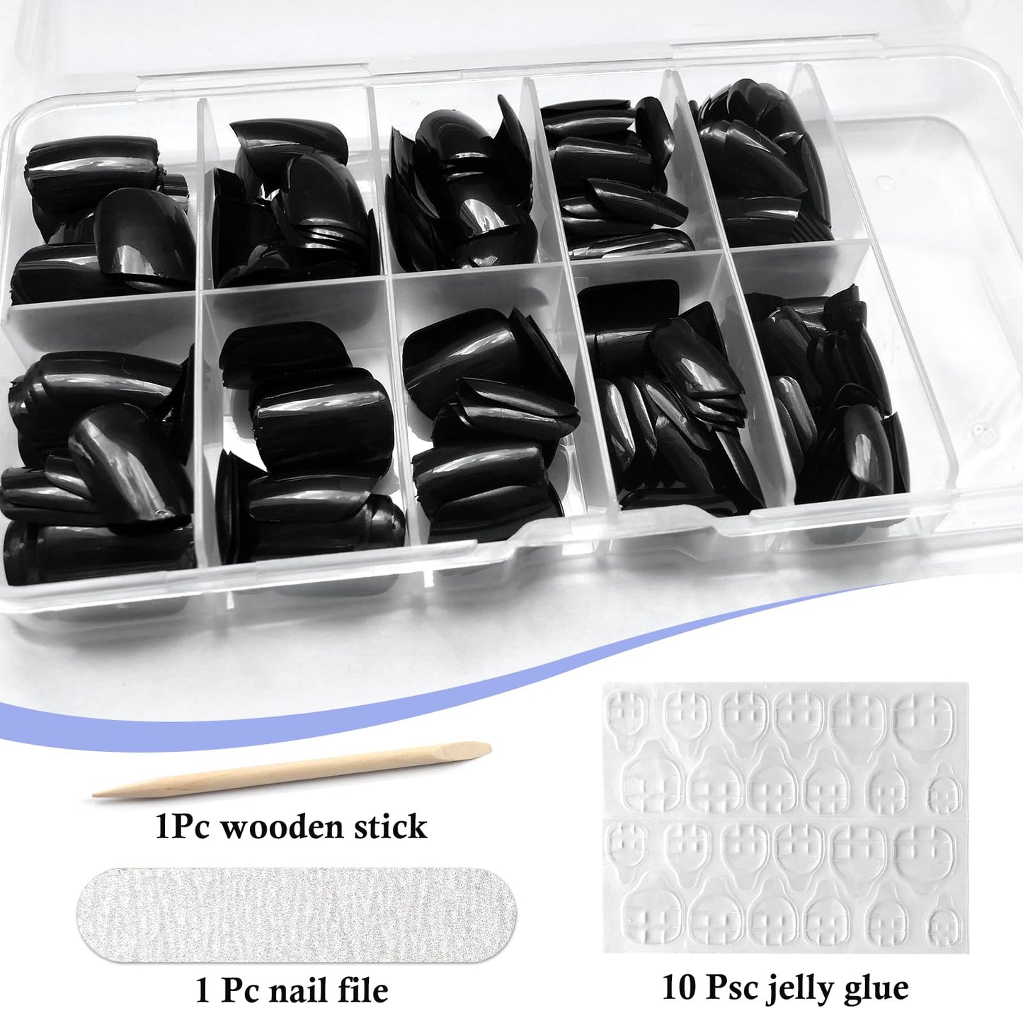 LuckForever Short Press on Nails 240pc Glossy Black Press on Nails Short Square Round Fake Nails Full Cover 10 Sheets Nail Adhesive Tabs,Small Wooden Sticks and Nail Files False Nails for Women