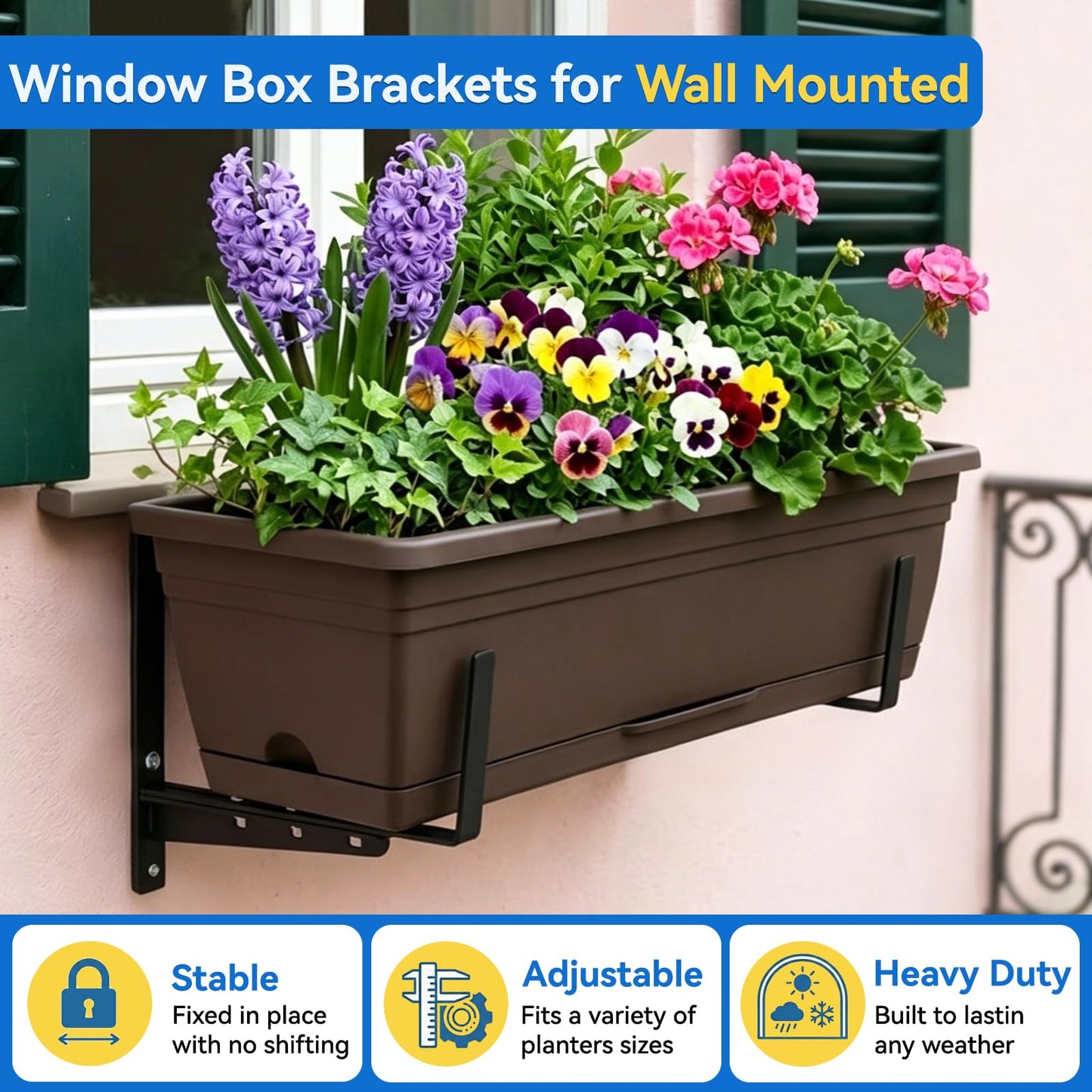 Halatool Railing Planter Box Brackets Outdoor, 4 Pack Adjustable Flower Planter Window Box Brackets, Heavy Duty No Drill Window Box Brackets with 65 lb Capacity for Railings Balcony Porch Fence