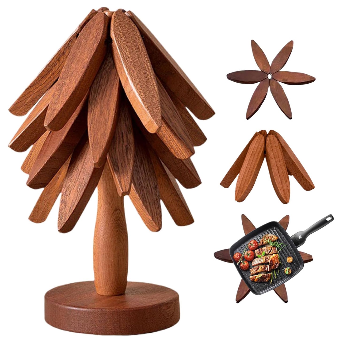 Wooden Trivets for Hot Dishes,Tree Shape Trivet Set,4 Wooden Trivets+1 Stand,Stored Like a Christmas Tree,Natural Foldable Kitchen Wooden Trivet,for Hot Dishes、Pot、Bowl、Teapot、Teacups(Walnut Wood)