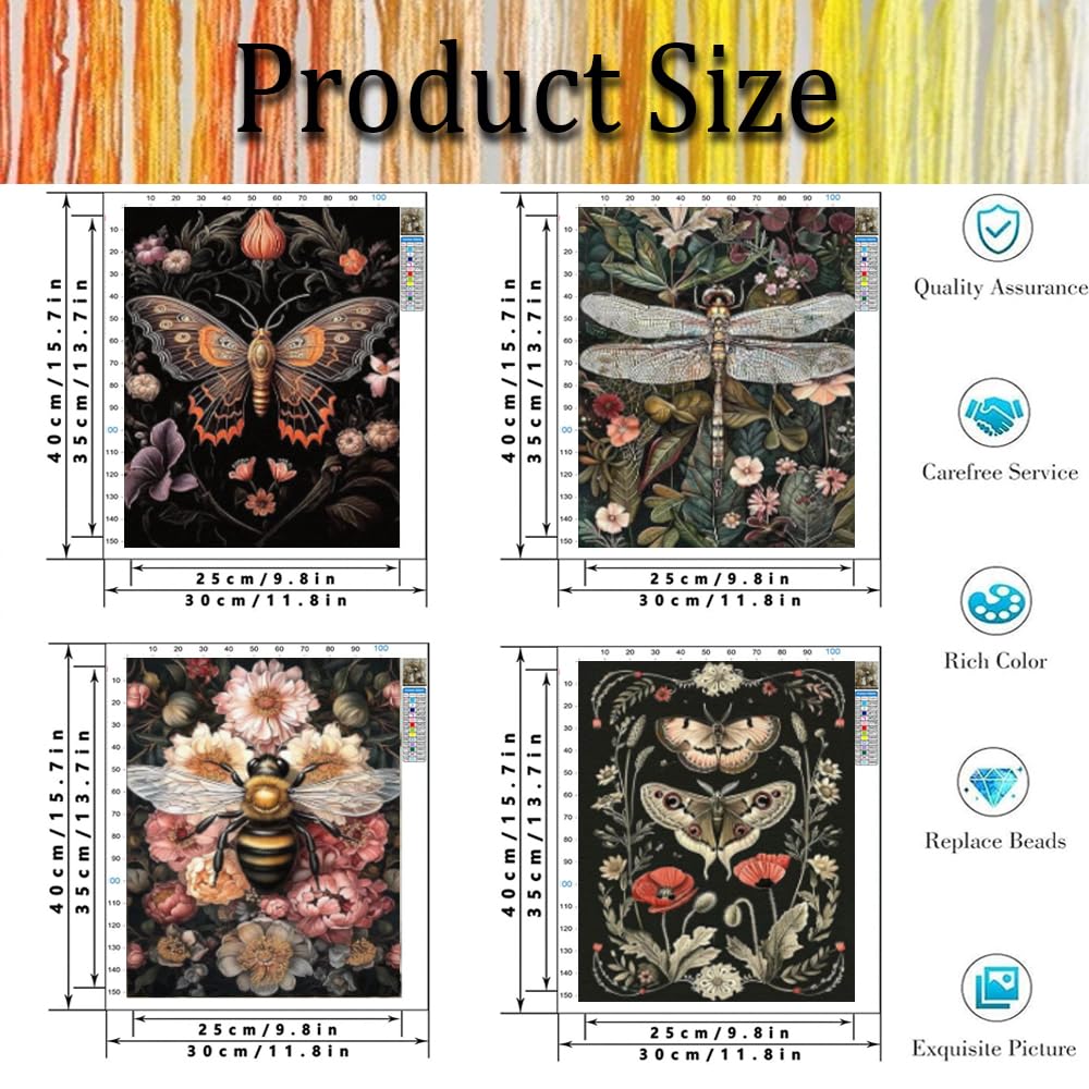4 Pack Stamped Cross Stitch Kits for Adults - Cross Stitch Kits for Beginners,11 CT Insect Flowers Cross Stitch Patterns Dimensions DIY Counted Cross Stitch Kits for Adults Arts Craft 12x16 inch