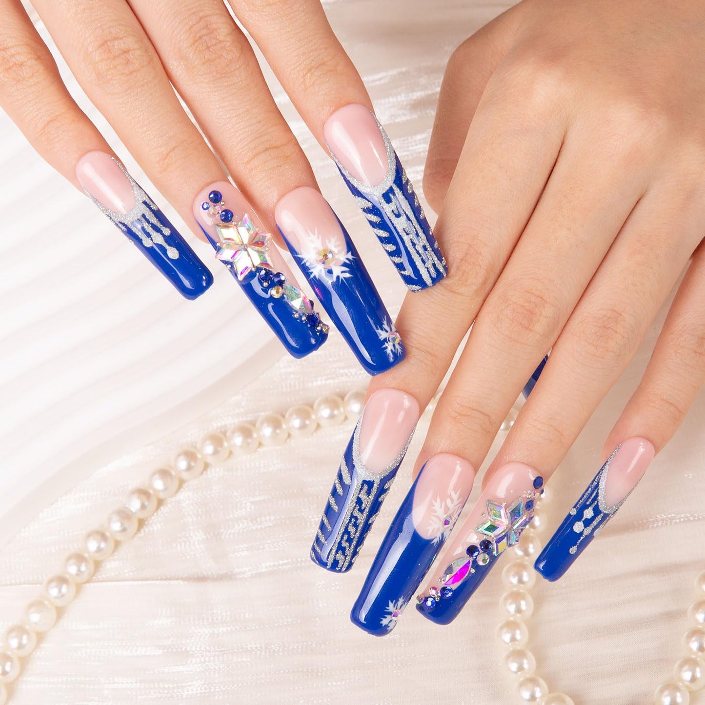 LOVFUL Press on Nails Snow Waltz Blue French Tip| Handmade with Full Covered Crystals | Reusable Fake Nails | Square Mid Length 1.7 in | H140-S