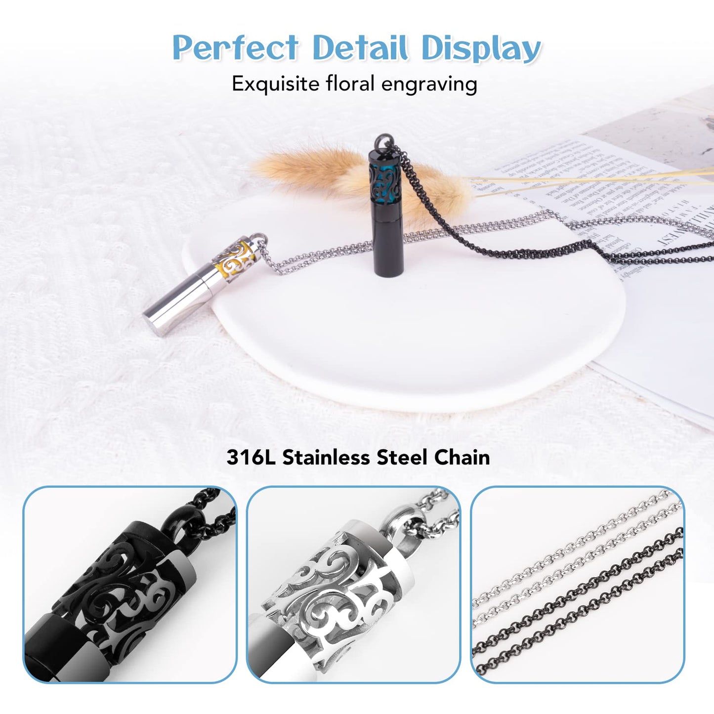 Maromalife Essential Oil Diffuser Necklaces for Women, 2PCS Aromatherapy Necklaces Stainless Steel Diffuser Locket Pendant Cylinder with 20 Felt Pads, Aroma Necklaces Gift Set for Mothers Day