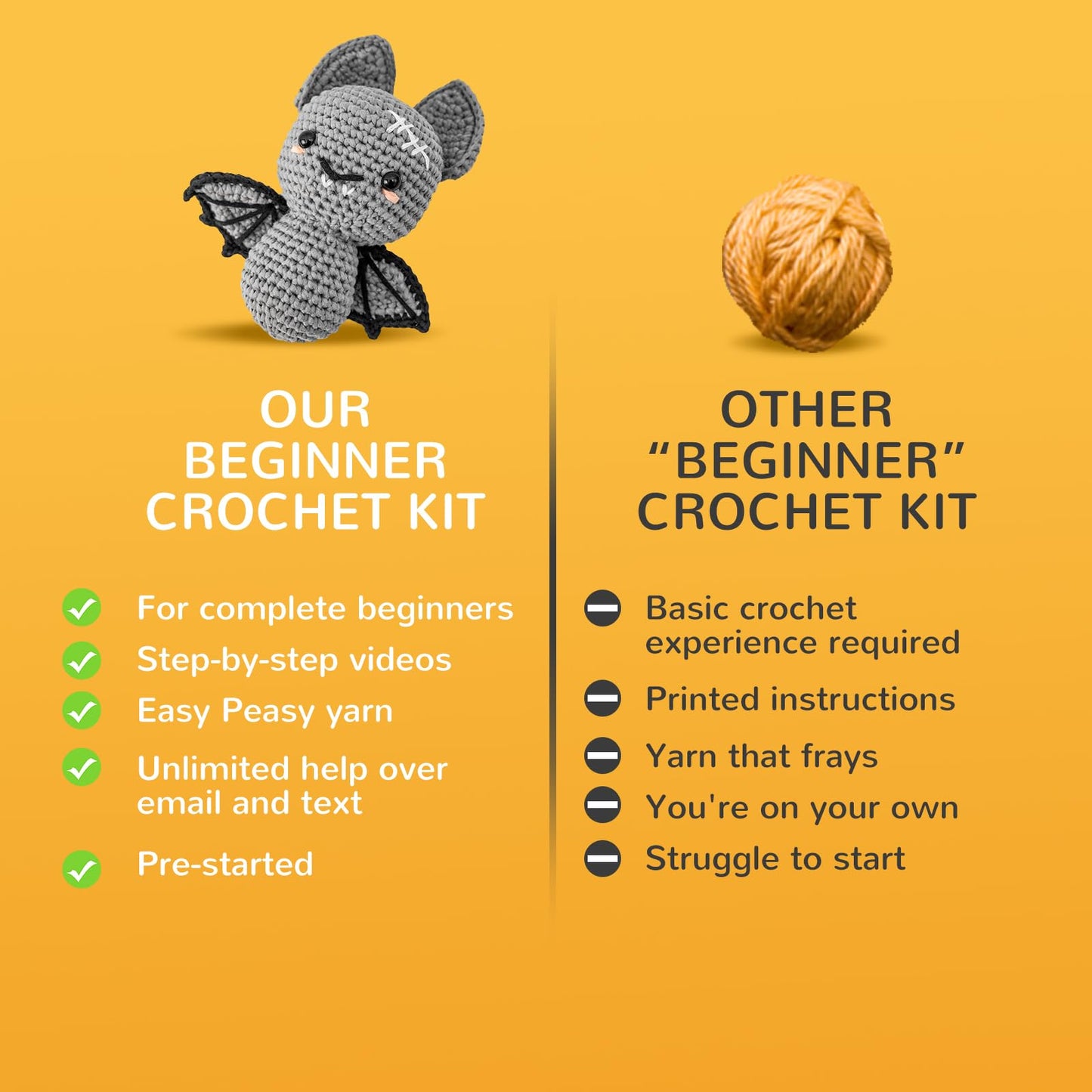 minimal beee Bat Crochet Kit for Beginners - DIY Halloween Craft Gift with Animal Yarn, Easy Knitting Supplies for Adults, Complete Starter Crochet Set with Needles & Instructions