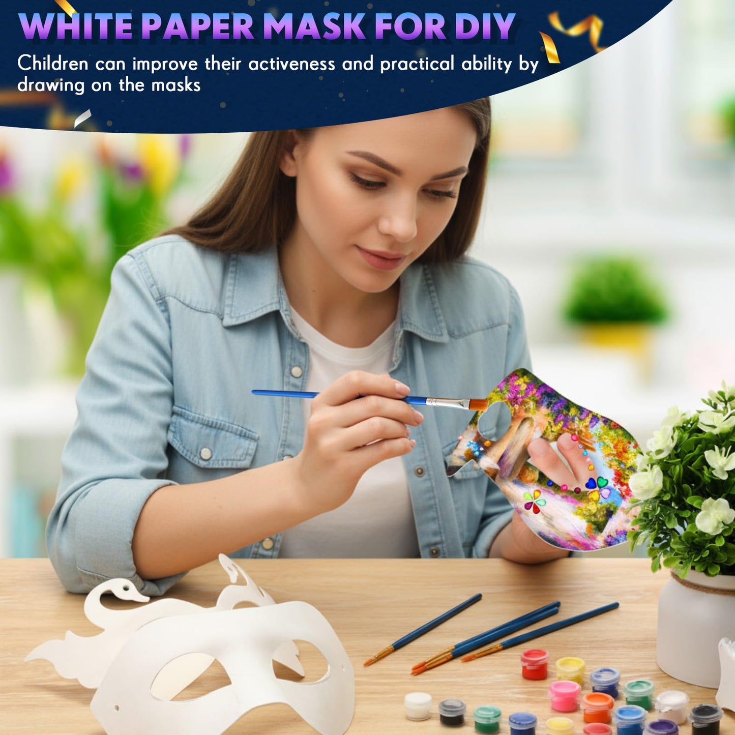 Leyndo 24 Pcs Paper Mache Art Mask White Craft Masquerade Masks and Gem Stickers DIY Blank Mardi Gras Halloween Cosplay Party (Mixed Styles)