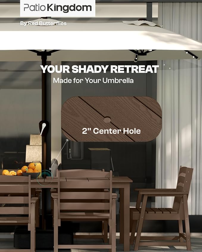 7-Piece Brown Outdoor Dining Set with Beige 11FT Large Patio Umbrella, 75.2'' HDPE Table & Chairs for 6, Weather-Resistant Furniture with Umbrella Hole for Patio, Lawn, Poolside