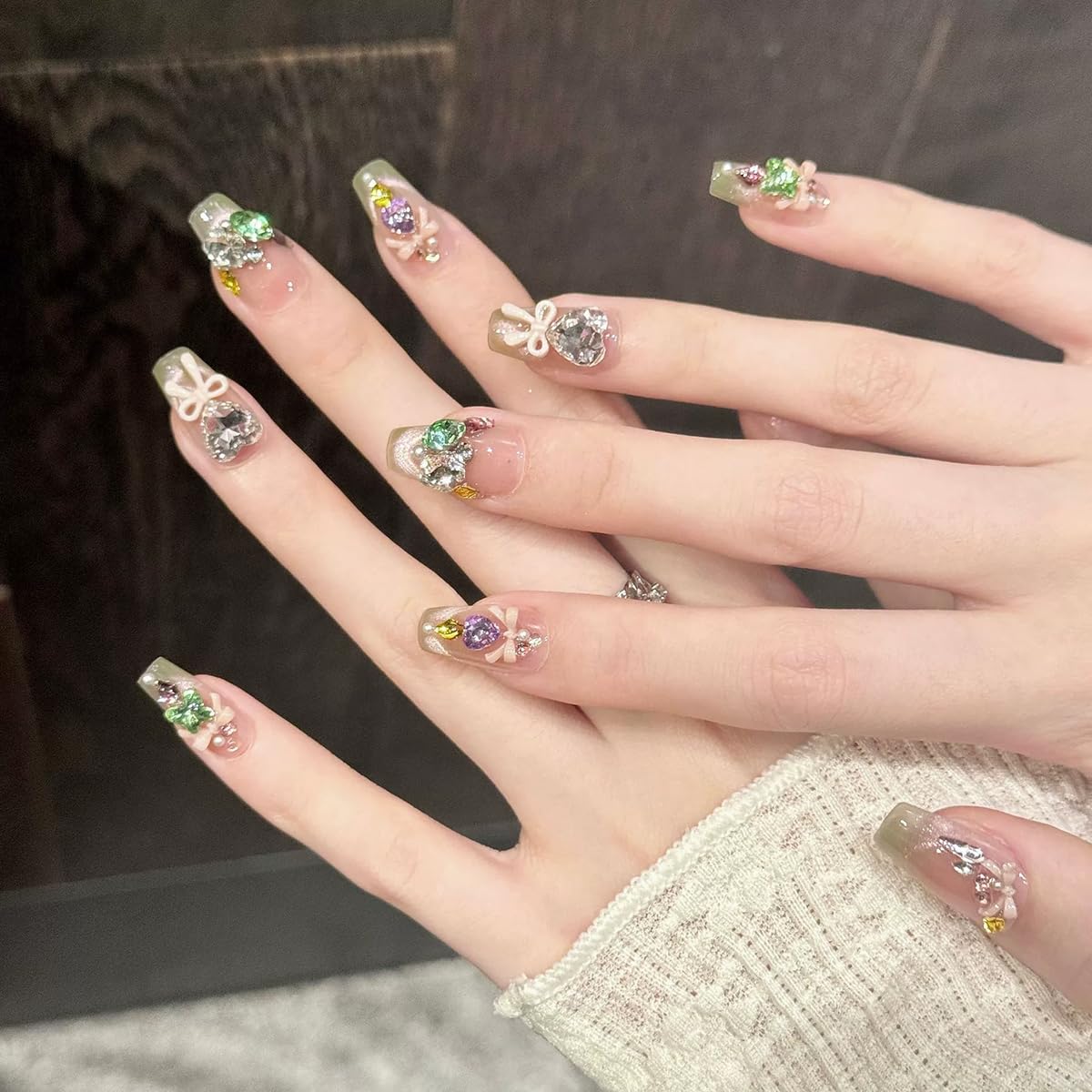 Handmade Press on Nails Long Coffin False Nails Green French Tip with 3D Rhinestones Designs Charm Cute luxury Sparkly Acrylic Nails for Women (Size M）10pcs