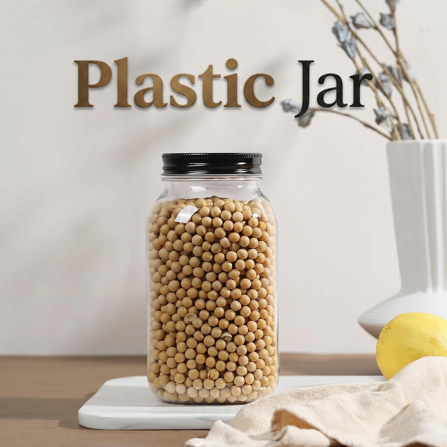 novelinks 32 oz Clear Plastic Jars with Lids, 6 Pack Large Plastic Mason Jars with Lids 32oz, Reusable Quart Containers for Kitchen Organization (6 Pack,Black)