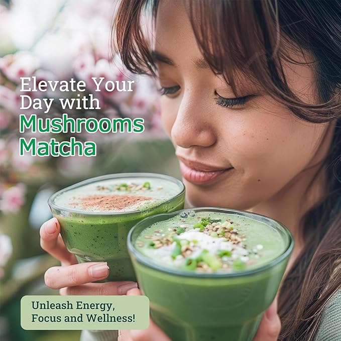 Mushroom Matcha, Ceremonial Matcha Tea Powder with 7 Superfood Mushrooms, Gluten Free, Taste Great Hot or Cold Matcha Latter - 150g 30 Serving