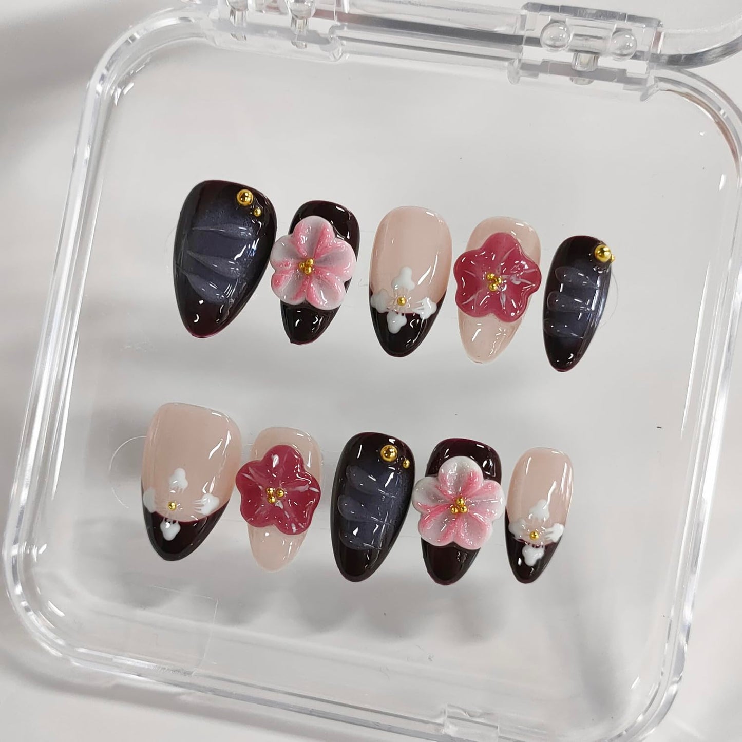 Handmade Press on Nails Almond Short 3D Floral Nails French Tip Thick Acrylic Fake Nails Purple False Nails with Pink Flower Designs Elegant Sturdy Nail Art Press on Nails 10Pcs(S)