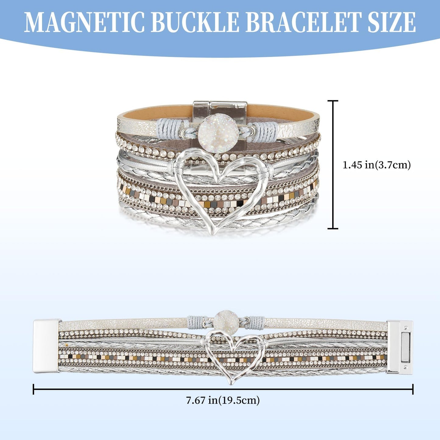 QIUTIMIY Leather Bracelets for Women Trendy Boho Cuff Bracelet Layered Bangle with Clasp Hand Wrist Jewelry Western(Style 6-Gray)