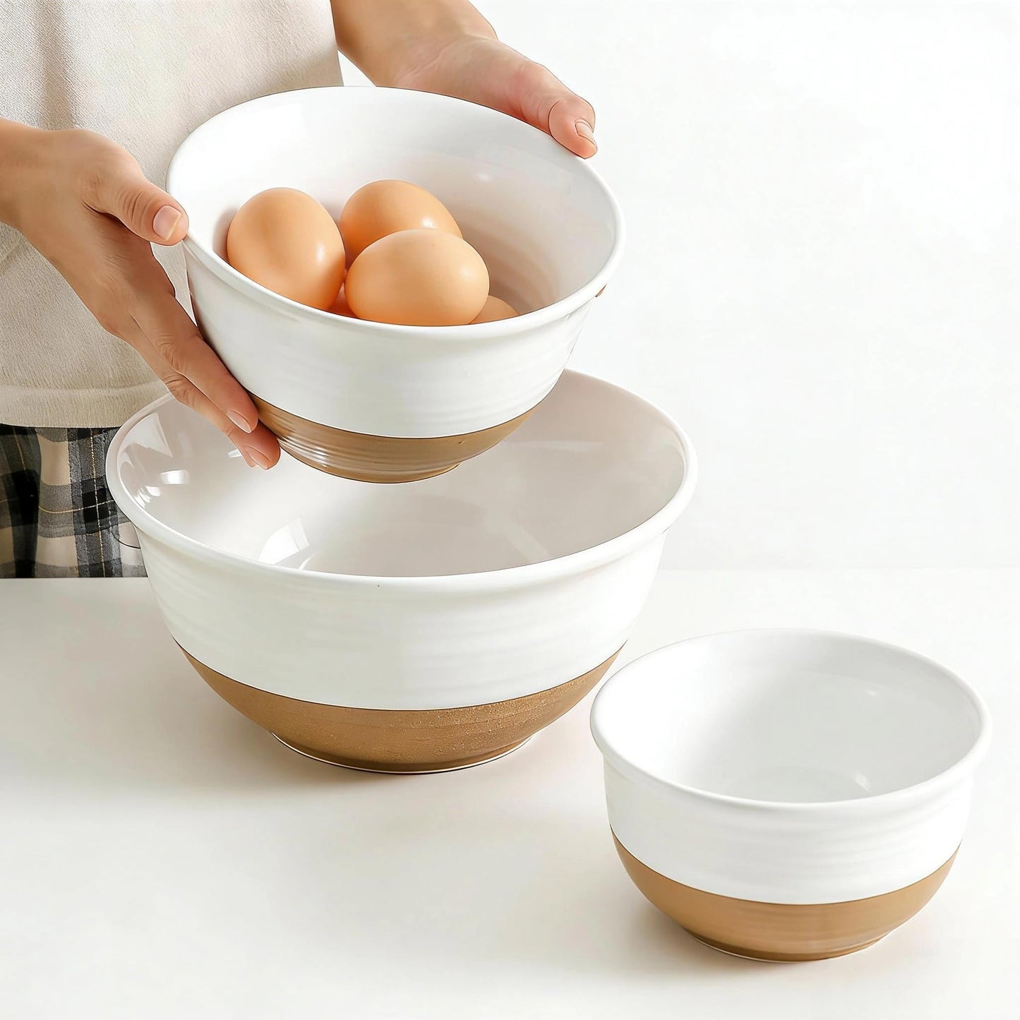 HASENSE Ceramic Mixing Bowls, Large Serving Salad Pasta Bowls Set, 2.1/1.0/0.5 Qt for Entertaining, White Nesting Batter Bowls for Prepping Baking, Dishwasher Microwave Safe, Set of 3