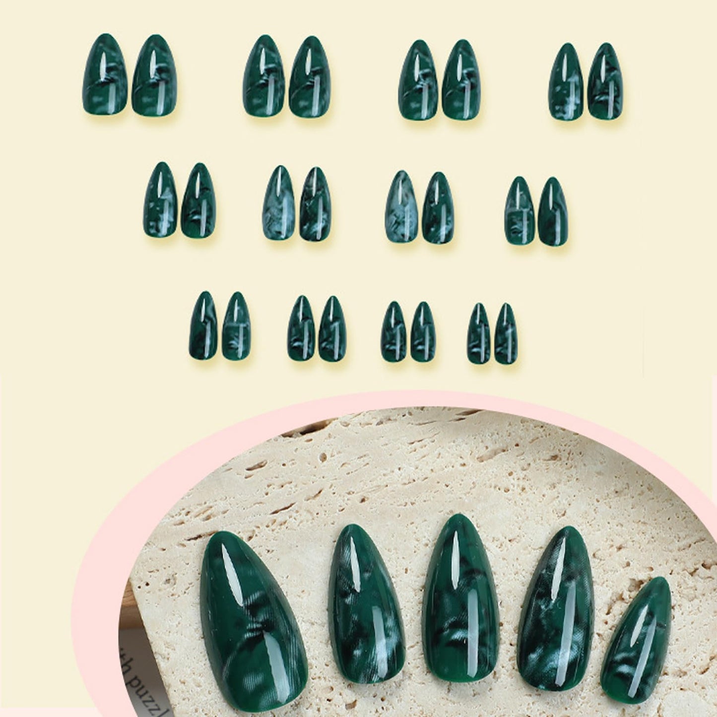 IMRAIN Press on Nails Medium Almond Fake Nails Green Ombre Marble False Nails Full Cover Glossy Artificial Reusable Acrylic Stick on Nails for Women Manicure Kit
