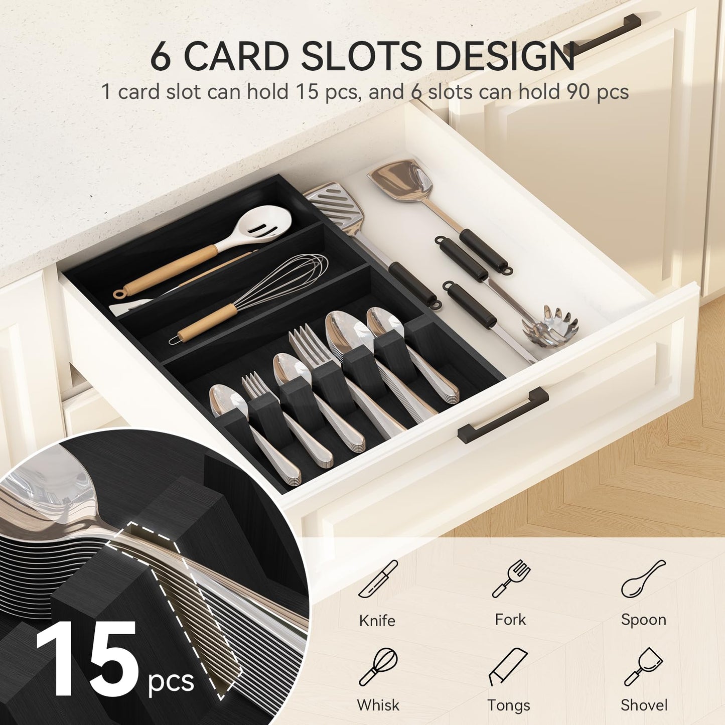 Yofidra Pure Bamboo Silverware Drawer Organizer: 16.5 Inch Large Silverware Utensil Tray Holder, 3-Compartment with 6 Card Slots Kitchen Flatware Organizer Home Essentials, 2024 New Upgrade