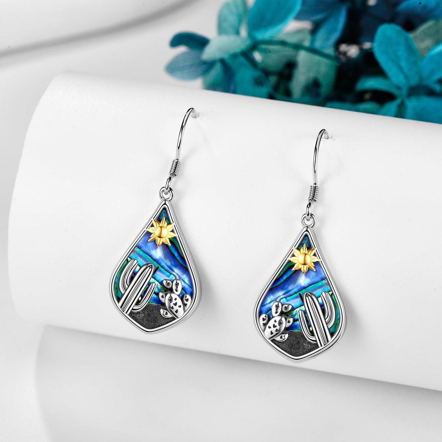 POPLYKE Cactus Earrings 925 Sterling Silver for Women Teardrop Abalone Plant Sun Earrings Cactus Jewelry