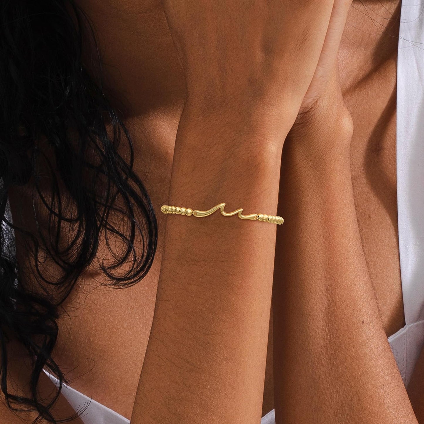 Beaded Bracelets for Women 14K Silver Gold Plated Stretch Handmade Ball Bracelets Cute Charm Bracelet Dainty Stackable Cross Heart Bow Wave CZ Circle Trendy Jewelry Easter Gifts (wave)