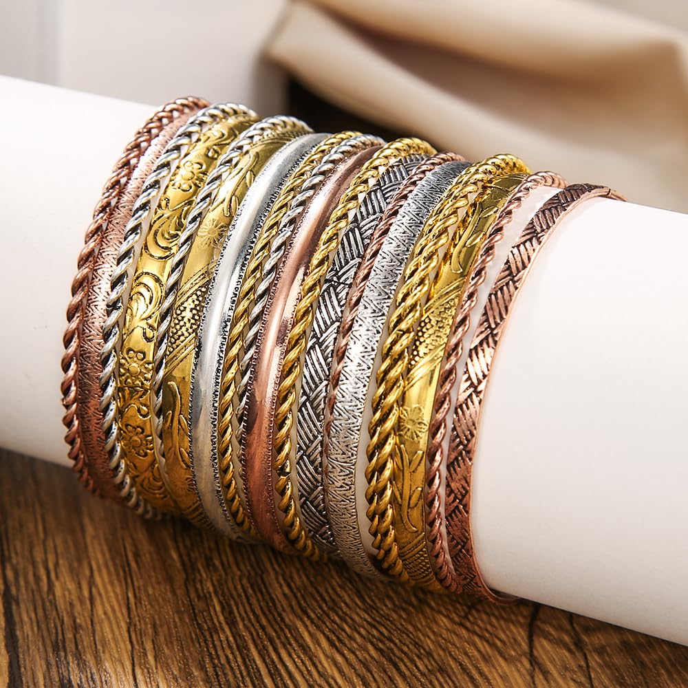 RINTOLER 19Pcs Vintage Engraved Pattern Gold Bangle Bracelets Set for Women - Multi Layer Stackable Textured Bracelets Boho Jewelrys for Women.