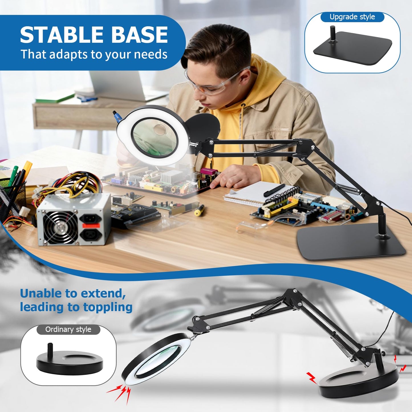 15X 30X Magnifying Glass with Light and Stand, LED Desk Lamp with Base and Clamp, 5 Color Mode, 10 Dimmable Levels, Hands-Free Magnifying Glasses for Close Work, Reading, Crafts, Jewelry