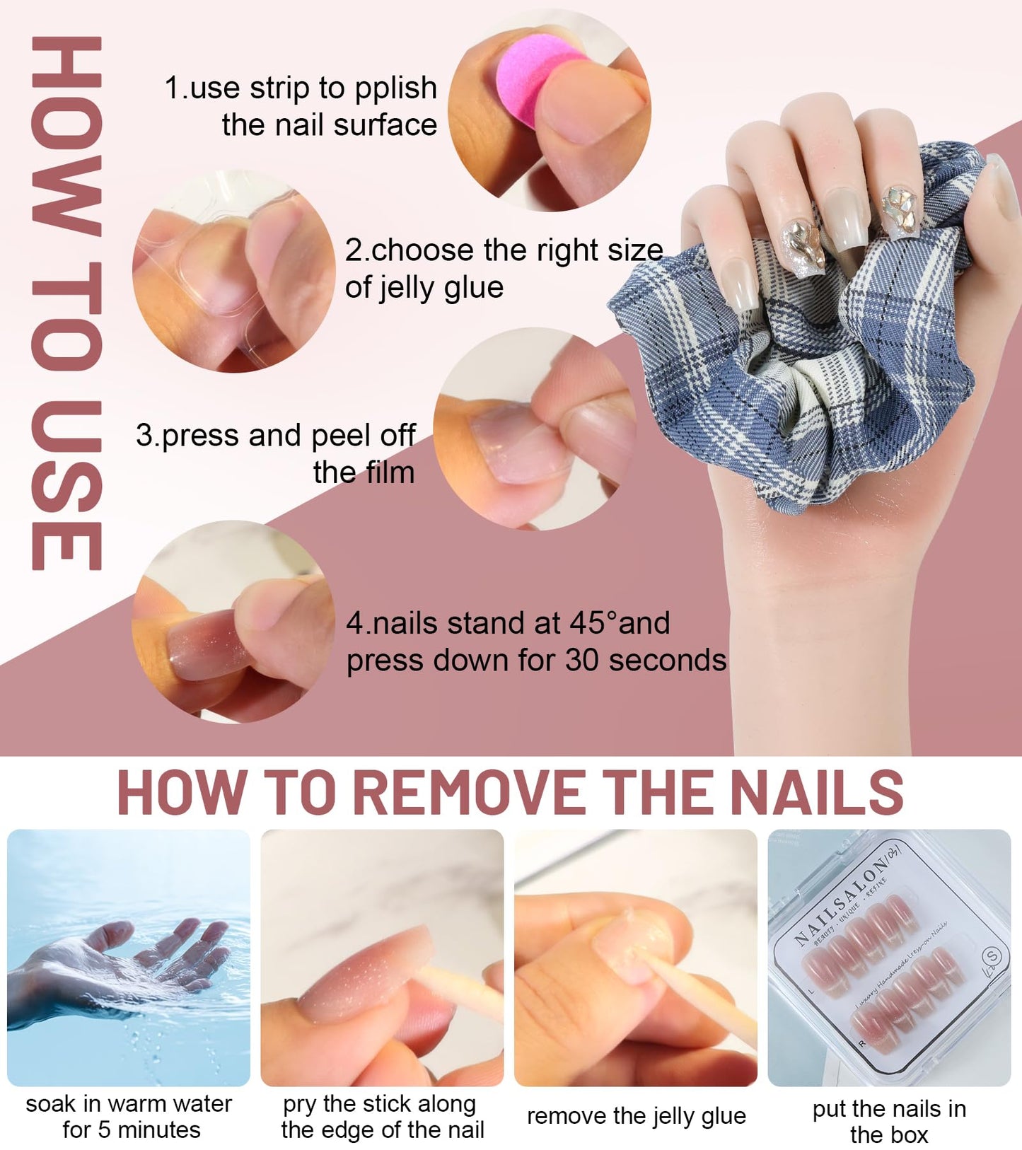 AEZUNI Press On Nails -Bling Light Grey Gradient Medium Square False Nails for Women Gilrs | Reusable Stick On Fake Nails with Glue | Medium Size