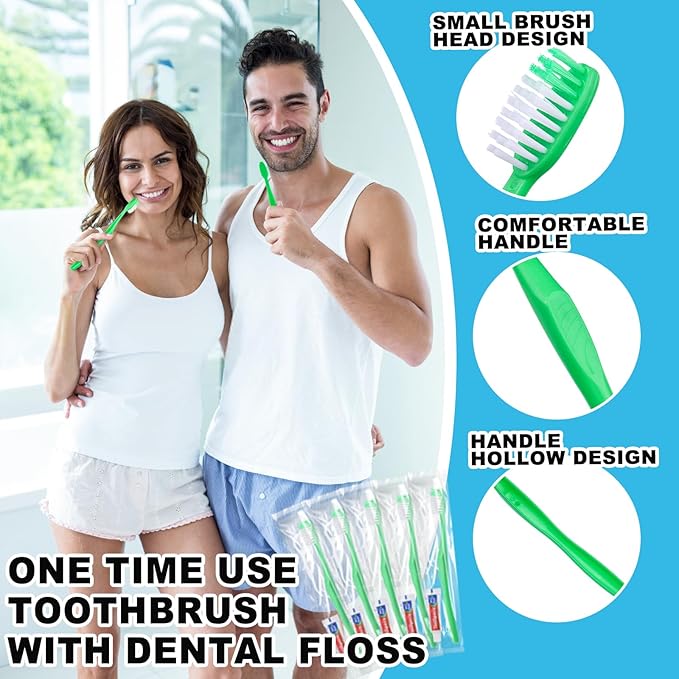 Disposable Toothbrushes with Toothpaste and Floss,30Pcs Green Single Use Individually Wrapped Disposable Travel Toothbrushes and Dental Floss Kit Bulk for Homeless,Airbnb,Hotel,Dentist