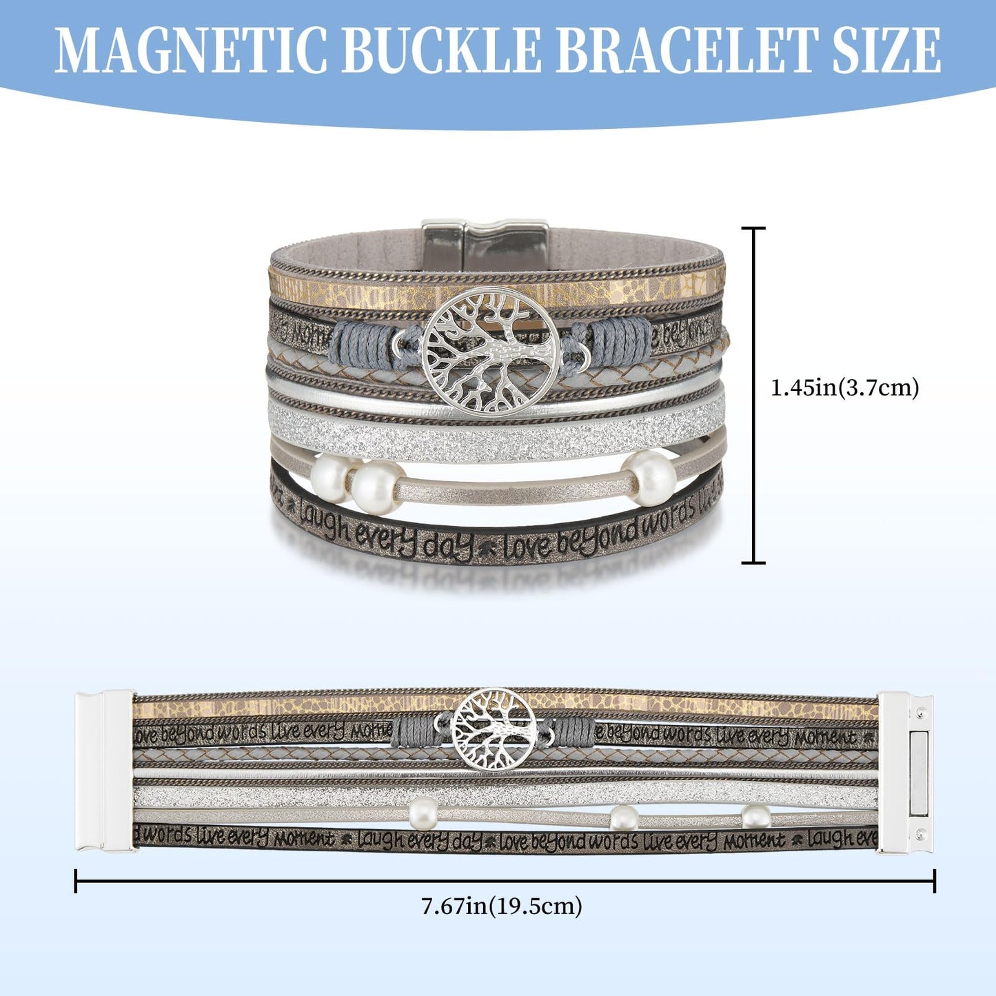QIUTIMIY Leather Bracelets for Women Trendy Boho Cuff Bracelet Layered Bangle with Clasp Hand Wrist Jewelry Western(Style 5-Gray)