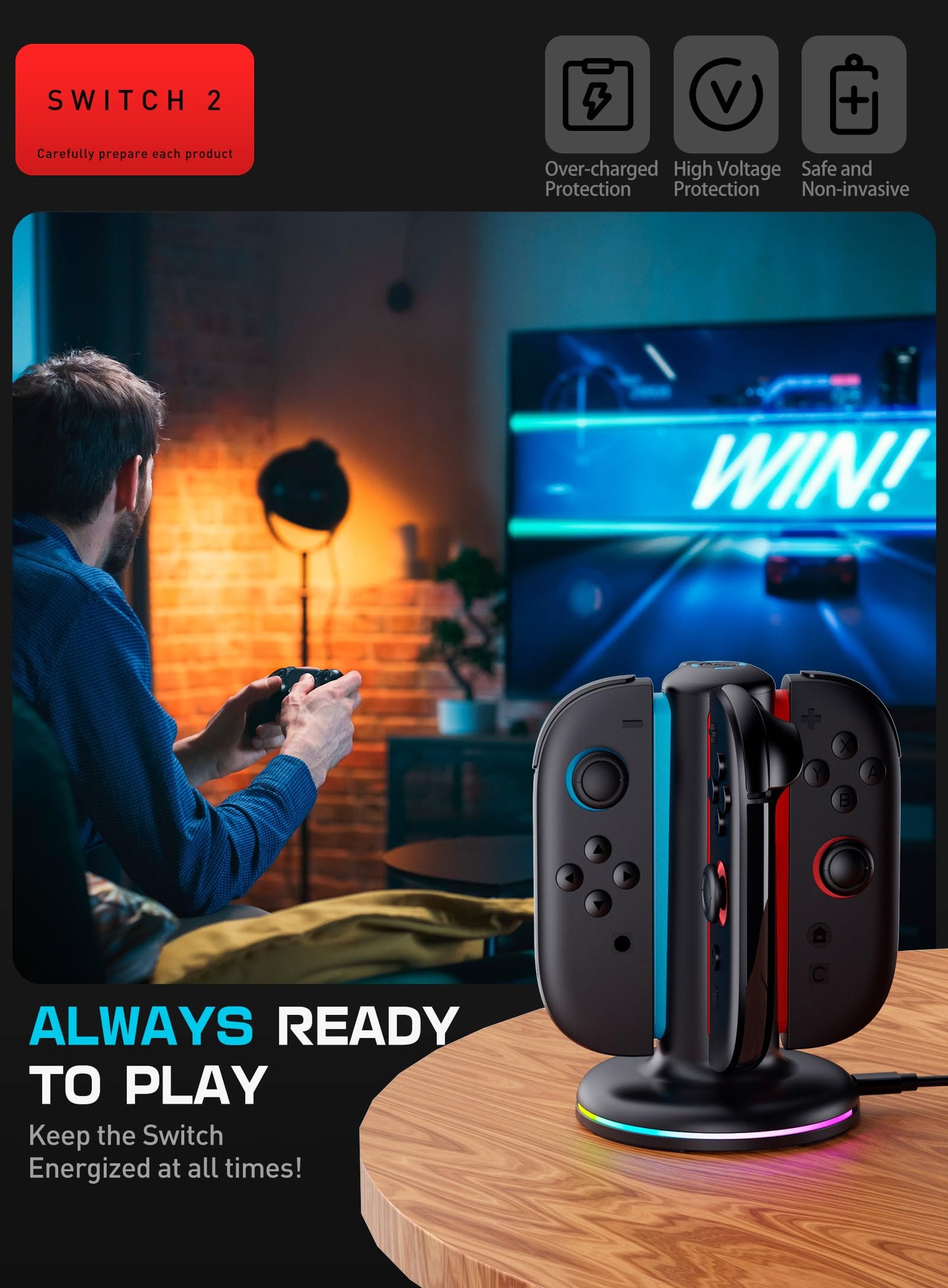SUPCASE Charging Dock for Nintendo Switch 2 Joy Con, [Supports Dual-Side Charging] [9 Light Modes] Magnetic Controller Fast Charger Stand Station Compatible with Switch 2 Joy Con Accessories, Black