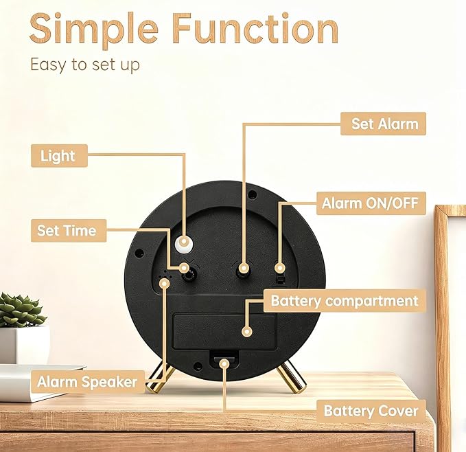Analog Alarm Clock, Silent Non-Ticking with Night Light, Battery Operated, Fashionable Round Metal Alarm Clock for Office, Bedroom, Elderly, Adults, Women, Men Gifts Wood-Like Color