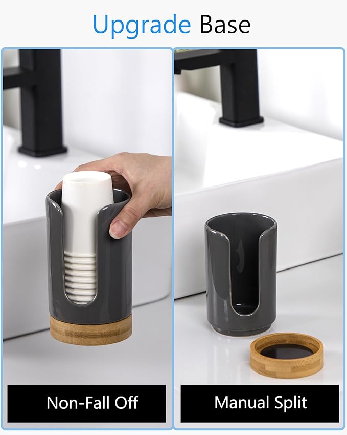 Ceramic Bathroom Cups Dispenser - 3-5 oz Disposable Paper & Plastic Bathroom Cups Holder - Mouthwash Cups Dispenser for Bathroom, Guest Toiletries, Countertop, Coffee - BPA Free (Grey)