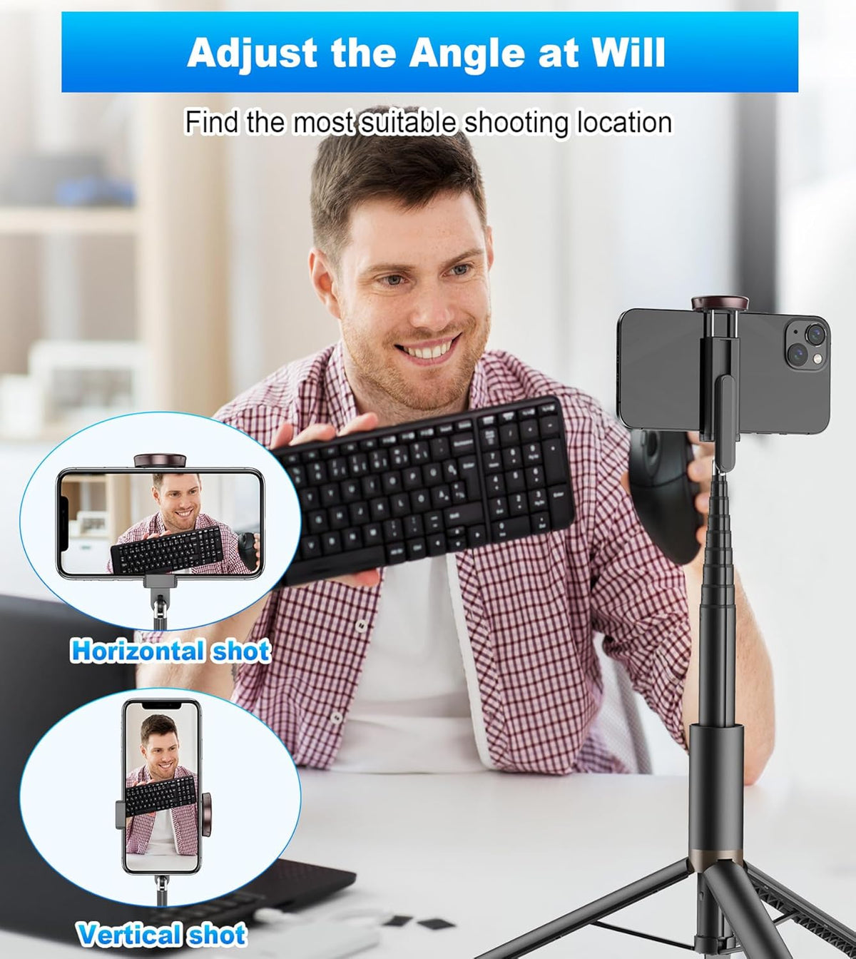 TONEOF 67" Cell Phone Selfie Stick Tripod,Smartphone Stand All-in-1 with Integrated Wireless Remote,Portable,Lightweight,Extendable for iPhone/Android(Black)