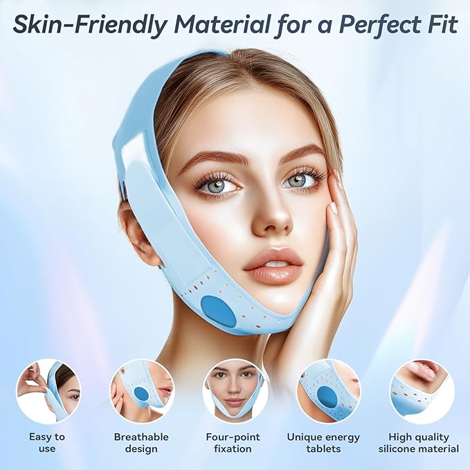 Chin Strap for Sleeping, Soft Silicone V-Line Lifting Mask, Reusable Face Lift for Women Men Anti Snoring Devices for Sleep Home Working Travel Yoga (Sky Blue)