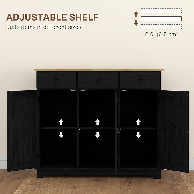 HOMCOM Sideboard with Solid Wood Countertop, Modern Kitchen Storage Cabinet, Coffee Bar Cabinet with 3 Drawers, Doors and Adjustable Shelf, Distressed Black