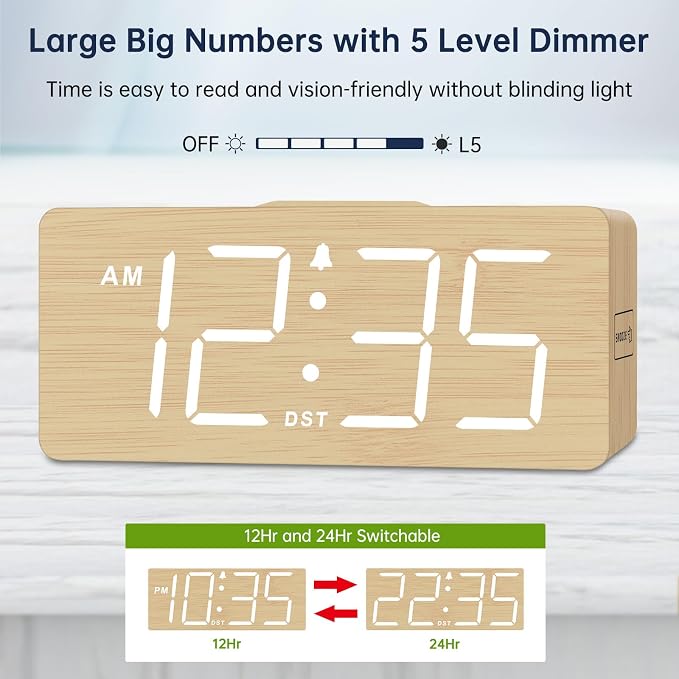 DreamSky Wooden Digital Alarm Clock with Wireless Charging for Bedroom