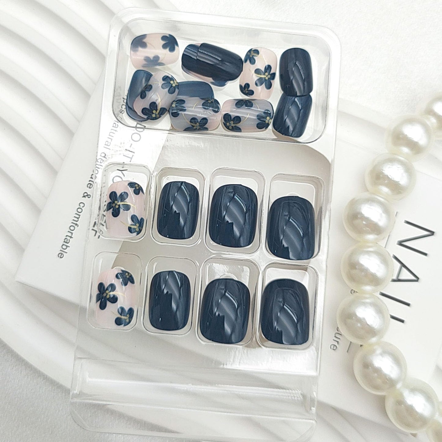 Square Press on Nails Short Fake Nails with Flower Designs Nails Press ons Dark Blue Glue on Nails Glossy False Nails Spring Summer Stick on Nails for Women 24Pcs