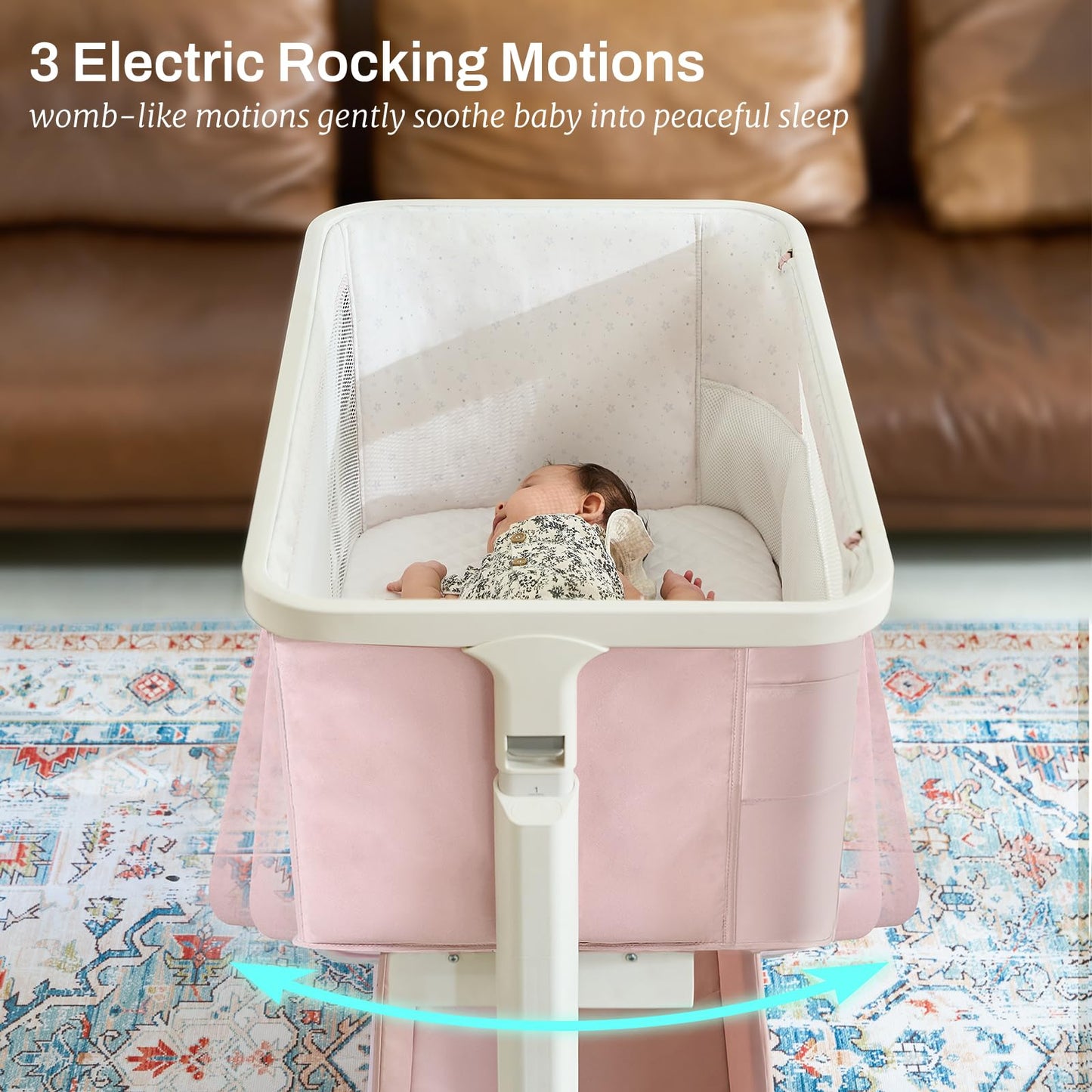Staroyal Electric Bassinet Baby Cradle 3 Rocking Motion, 3 in 1 Baby Bassinets for Newborn with 5 Heights Adjustable, Girl/boy Automatic Rolling Bedside Sleeper, Pink