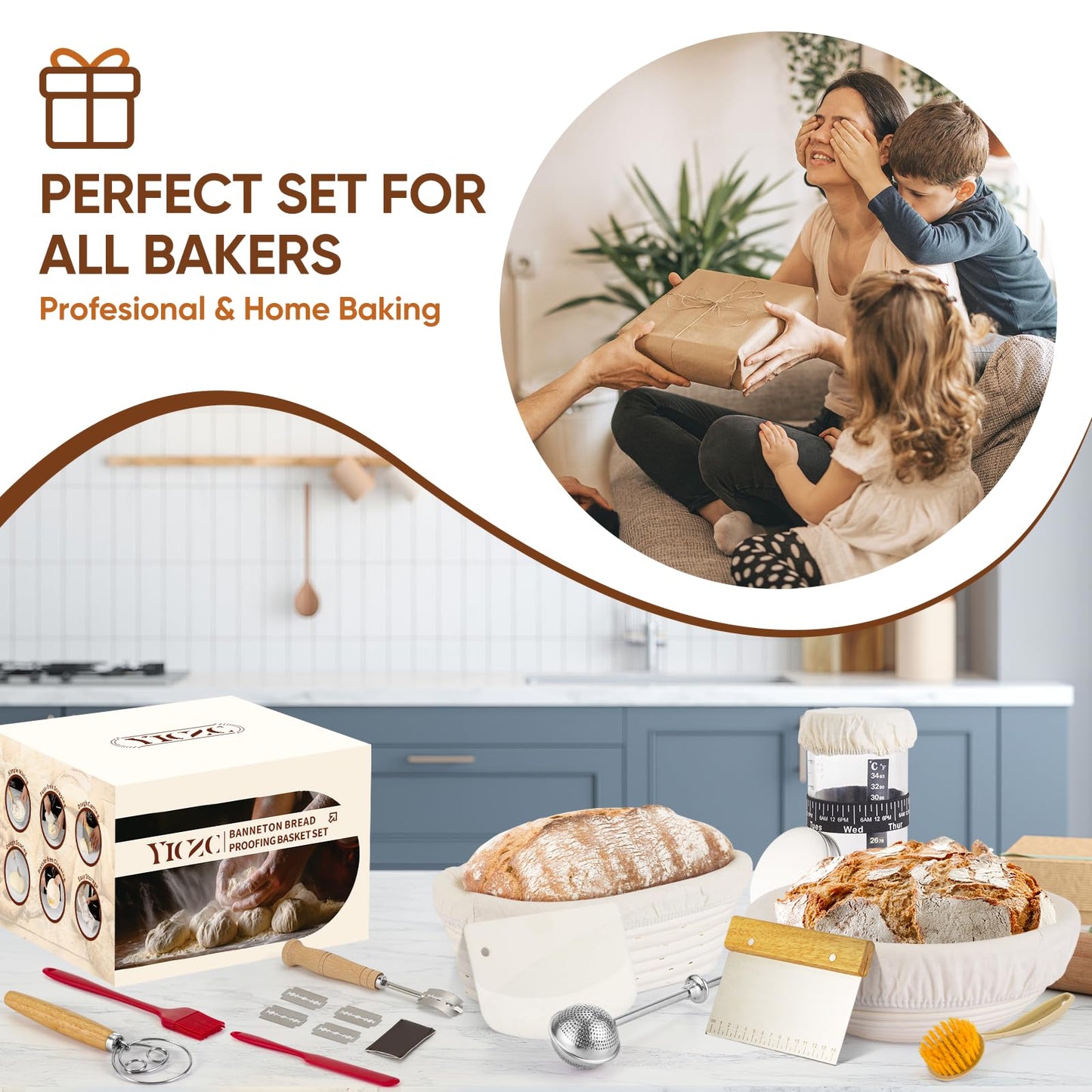 Yiczc Bread Proofing Basket Set, Round 9" & Oval 10" Sourdough Proofing Basket for Bread Making Tools and Supplies, Sourdough Bread Baking Supplies, Ideal Basket Gift Set for Artisan Bakers