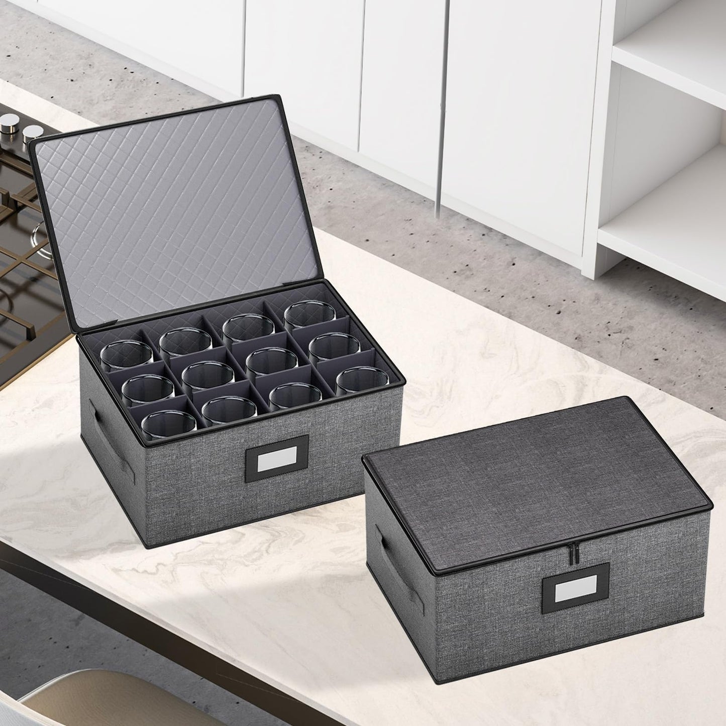 Aokeyee 2-Pack Wine Glass Storage Box with Dividers, Hard Shell Stemware Case Holds 24 Crystal Glasses & Drinkware, for Moving & Protection, Grey