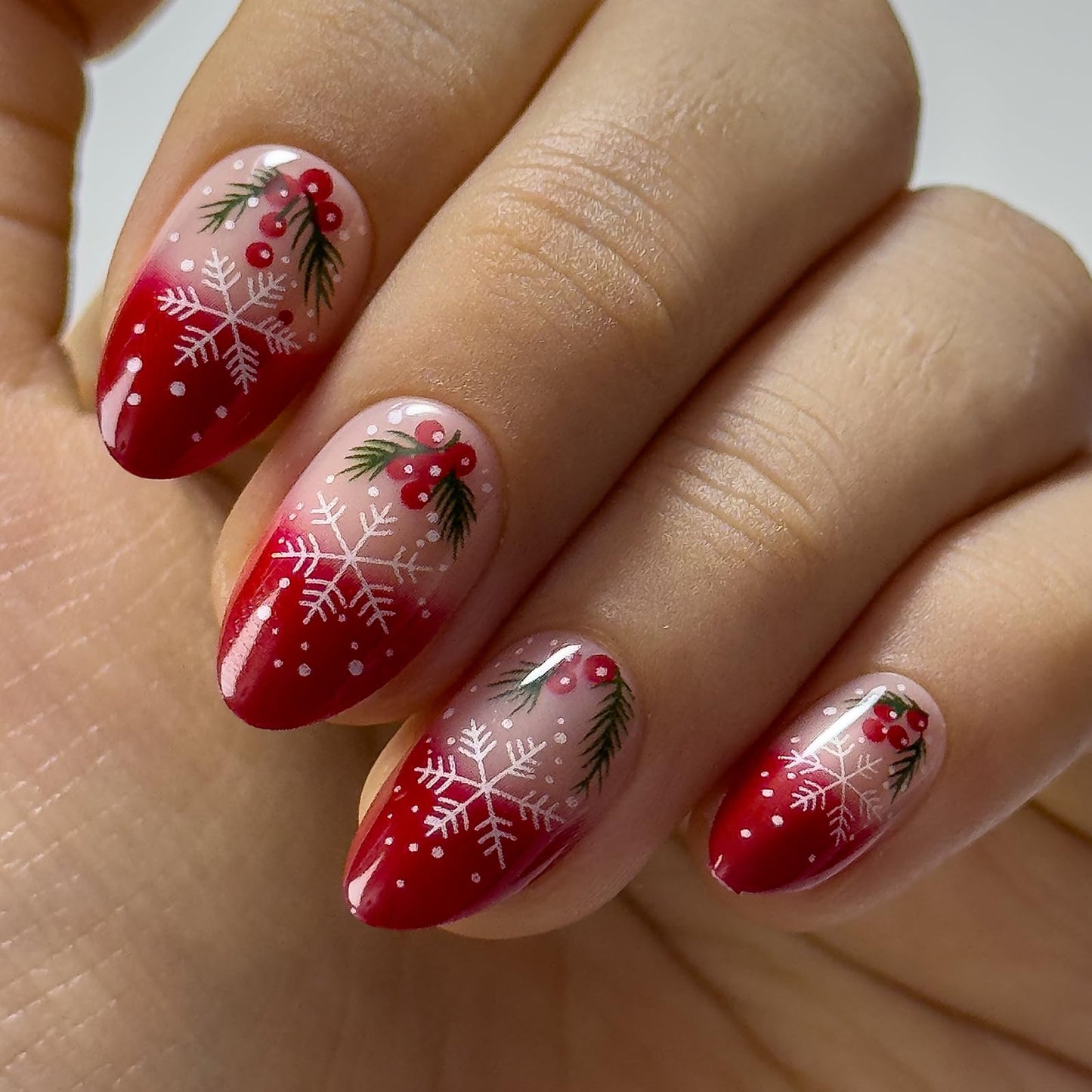 CurvLife Soft Gel Medium Press On Nails – Red French Christmas Snowflake Nails Reusable False Natural Fit Fake Nails Tips Stick Ons, Salon Quality UV Finish