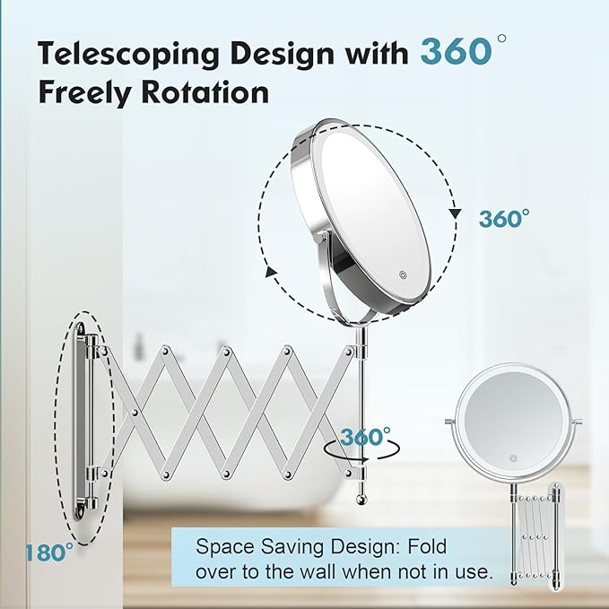 Rechargeable Wall Mounted Makeup Mirror - 8 Inch Double Sided 1X/30X Magnifying Mirror with 3 Color Lights Dimmable Touch Screen, 360°Swivel 19.6 Inch Extendable Accordion Bathroom Mirror - Chrome
