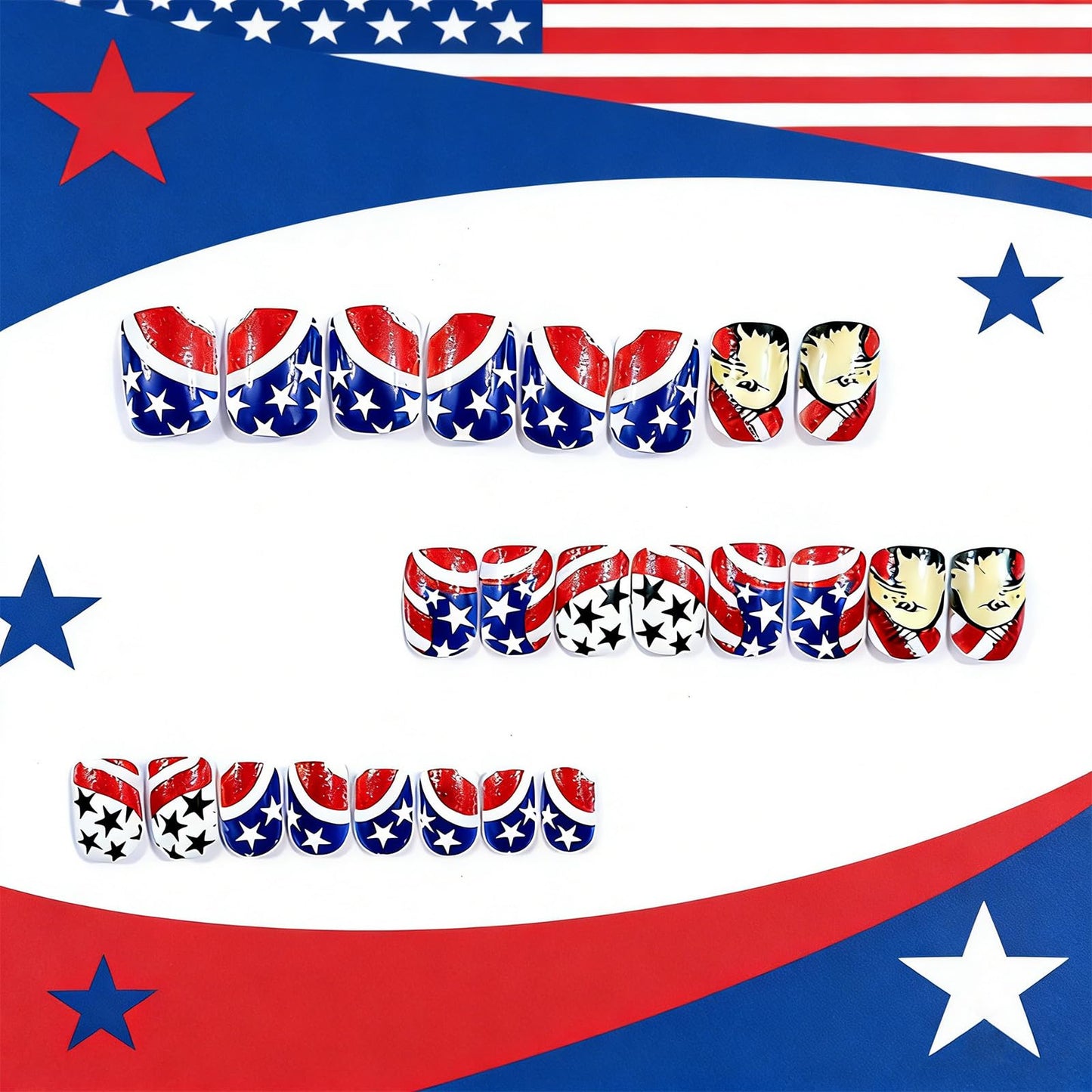 Independence Day Press on Nails Medium Square Fake Nails 4th of July False Nails with National Flag Eagle Star Design Patriotic Artificial Nail Full Cover Stick on Nails for Women Manicure 24Pcs