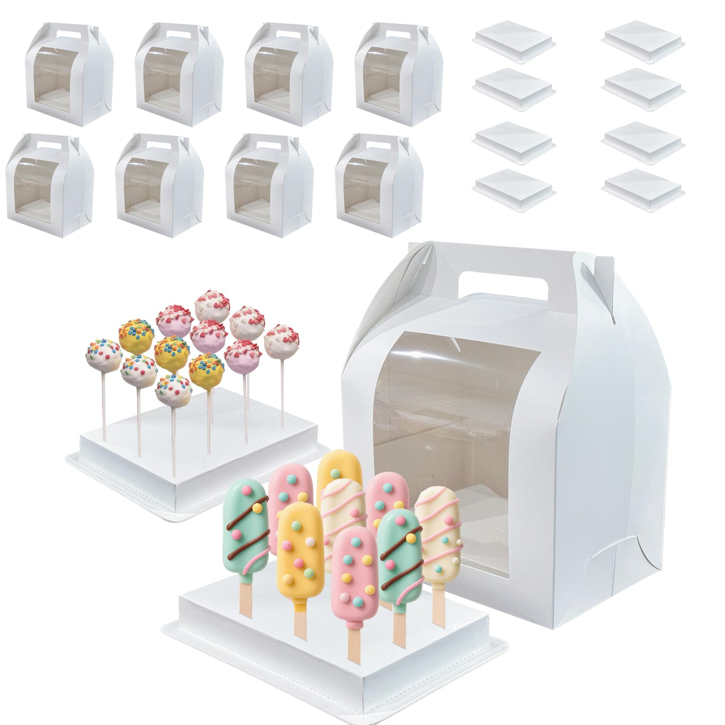 8pcs Portable Cake Pop Holder Boxes,Cake Pop Boxes Packaging, Cake Pop Display Stand with Clear Window,White Cakesicle Boxes
