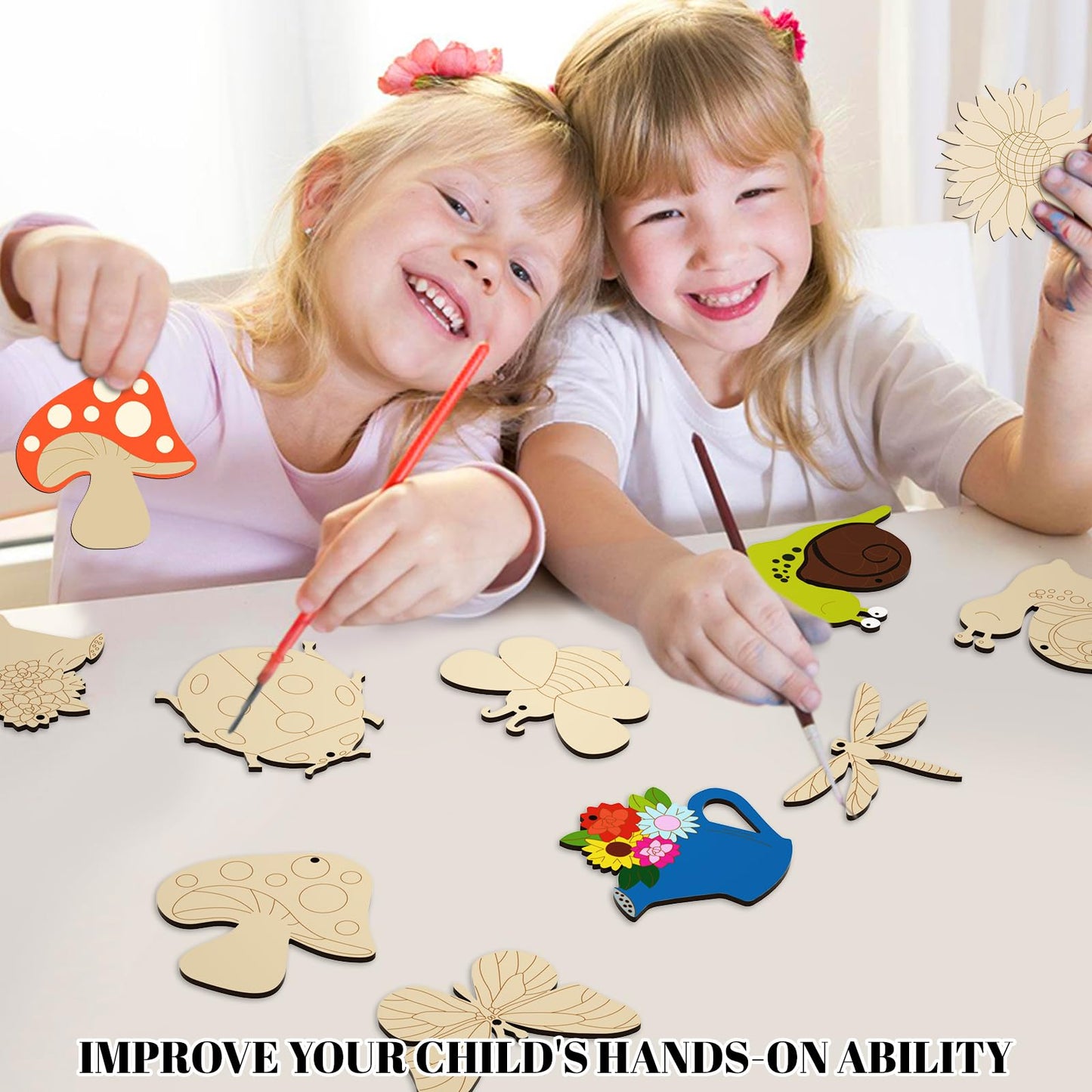Subacy 80 PCS Unfinished Wood Cutouts 8 Styles DIY Wooden Spring Ornaments, Wooden Art Craft Painting Kit for Kids, Birthday Easter Creativity Arts & Crafts, Spring Themed Shape
