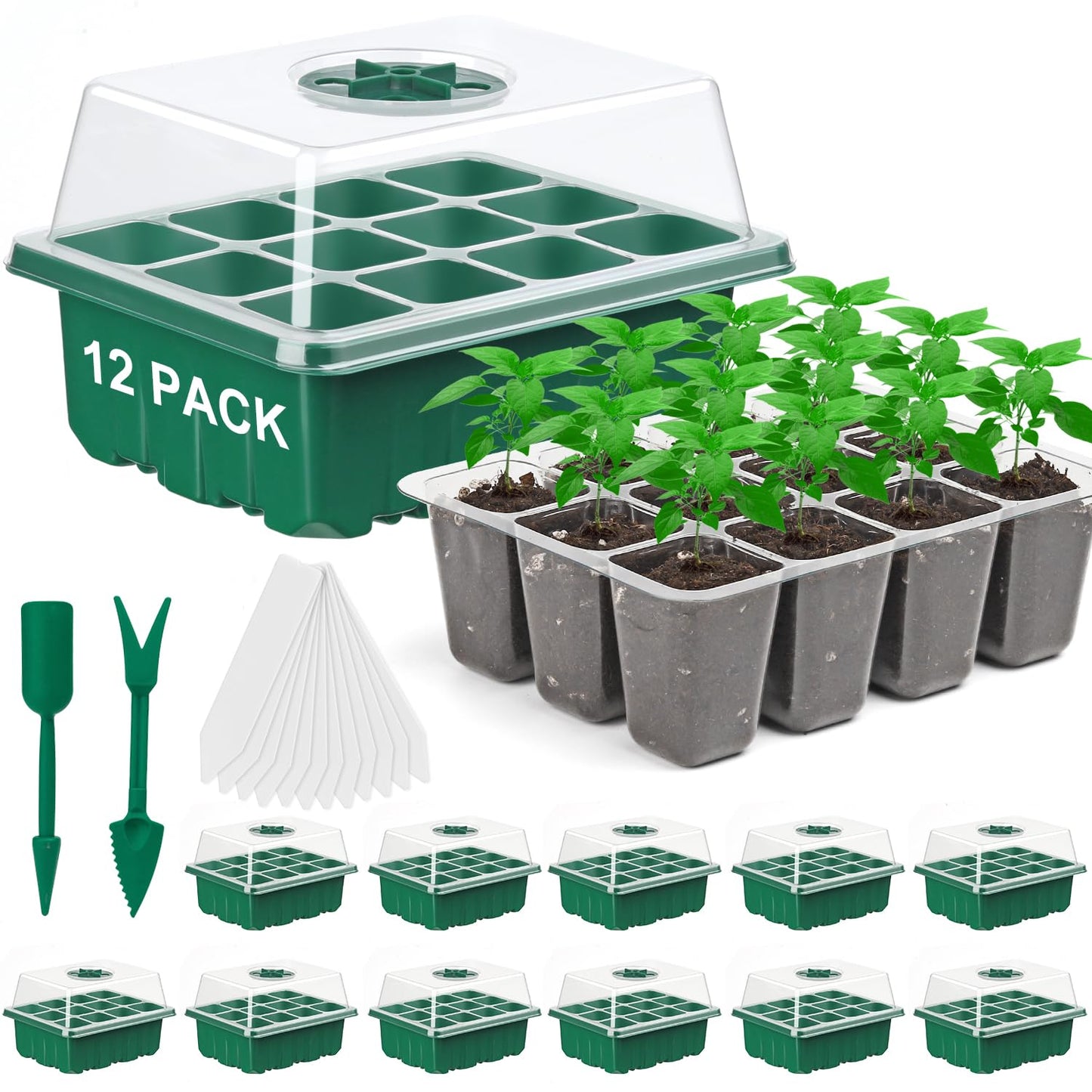 DJGINRO 12 Pack Seed Starter Tray Seed Starter Kit (144 Cells Total Tray) with Humidity Adjustable Dome, for Seeds Growing Starting Plant Germination Trays, Mini Green House Germination Trays.