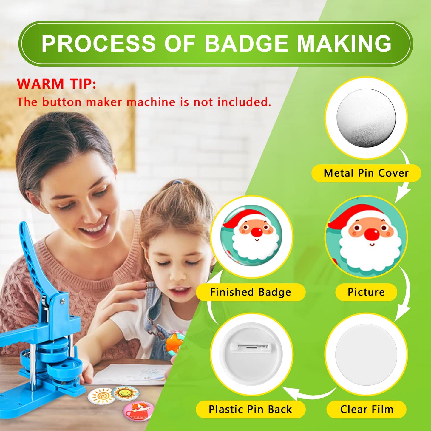 3 inch /75mm Blank Button Supplies Round Badges Buttons Parts for Button Maker 75mm Button Attachment, Button Making Supplies with Pin Cover, Pin Backs, Plastic Films, Blank Circle Paper