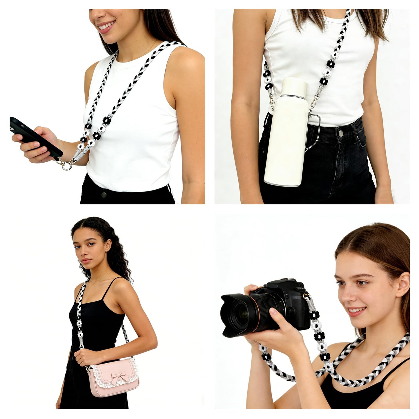 HuanHengOn 2PCS Handmade Bohemian Daisy Wristlet Keychain & Necklace Set, Boho Bag Charm & Shoulder Strap, Lanyard for Car Keys, Phone, USB Drive, Ideal Gift for Women & Girls