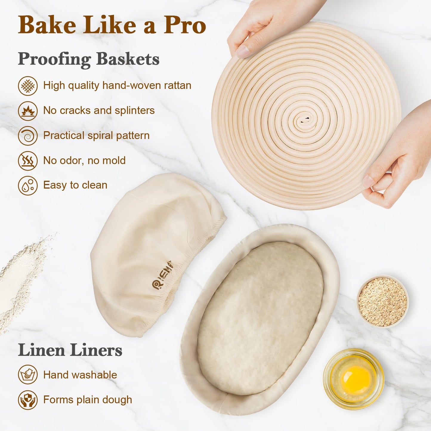 REMEIT Sourdough Starter Kit with Banneton Bread Proofing Basket Set, 9" Round & 10" Oval Proofing Basket, Sourdough Bread Baking Supplies with Starter Jar, Bread Lame, Dough Whisk and Baking Tools
