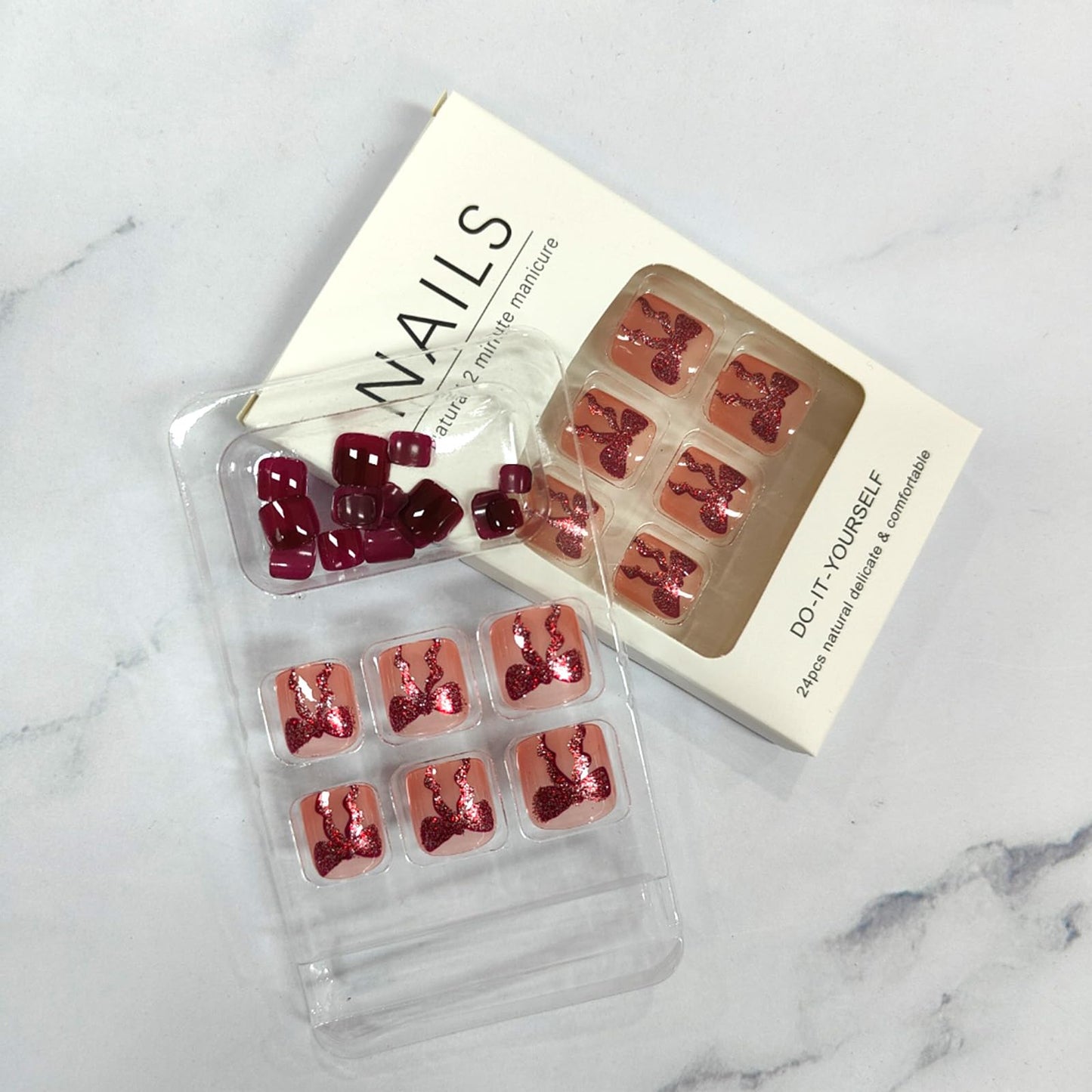 Wine Red Press on Toenails Short Square Fake Toe Nails with Glitter Bow Design Cute False Toenails Reusable Glue on Nails Dark Red Glossy Acrylic False Toenails for Coquette Women 24Pcs