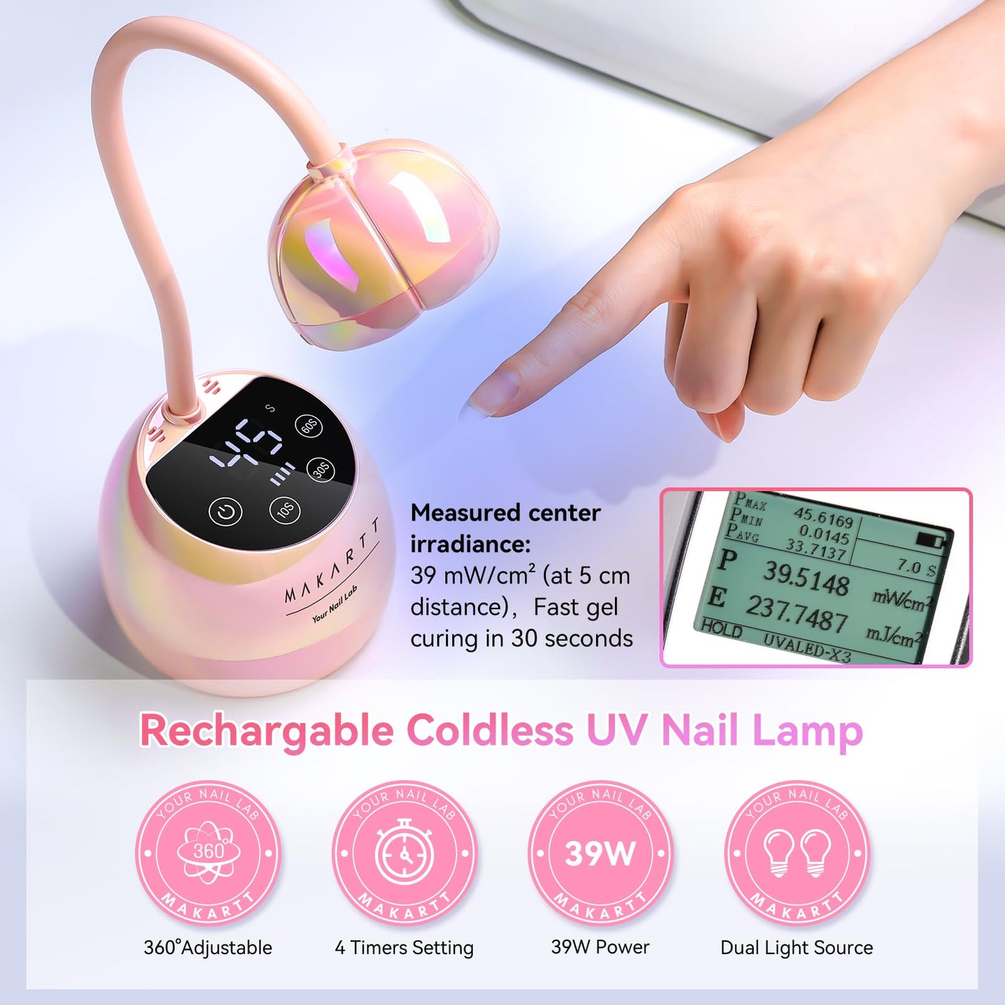 Makartt UV LED Nail Lamp - Gooseneck UV Light for Nails Cordless Rechargeable USB 39mW/cm² Dryer LED Lamp with Auto Sensor 4 Timer Settings Fast Curing for Nail Art Polish (Glazed Pink)