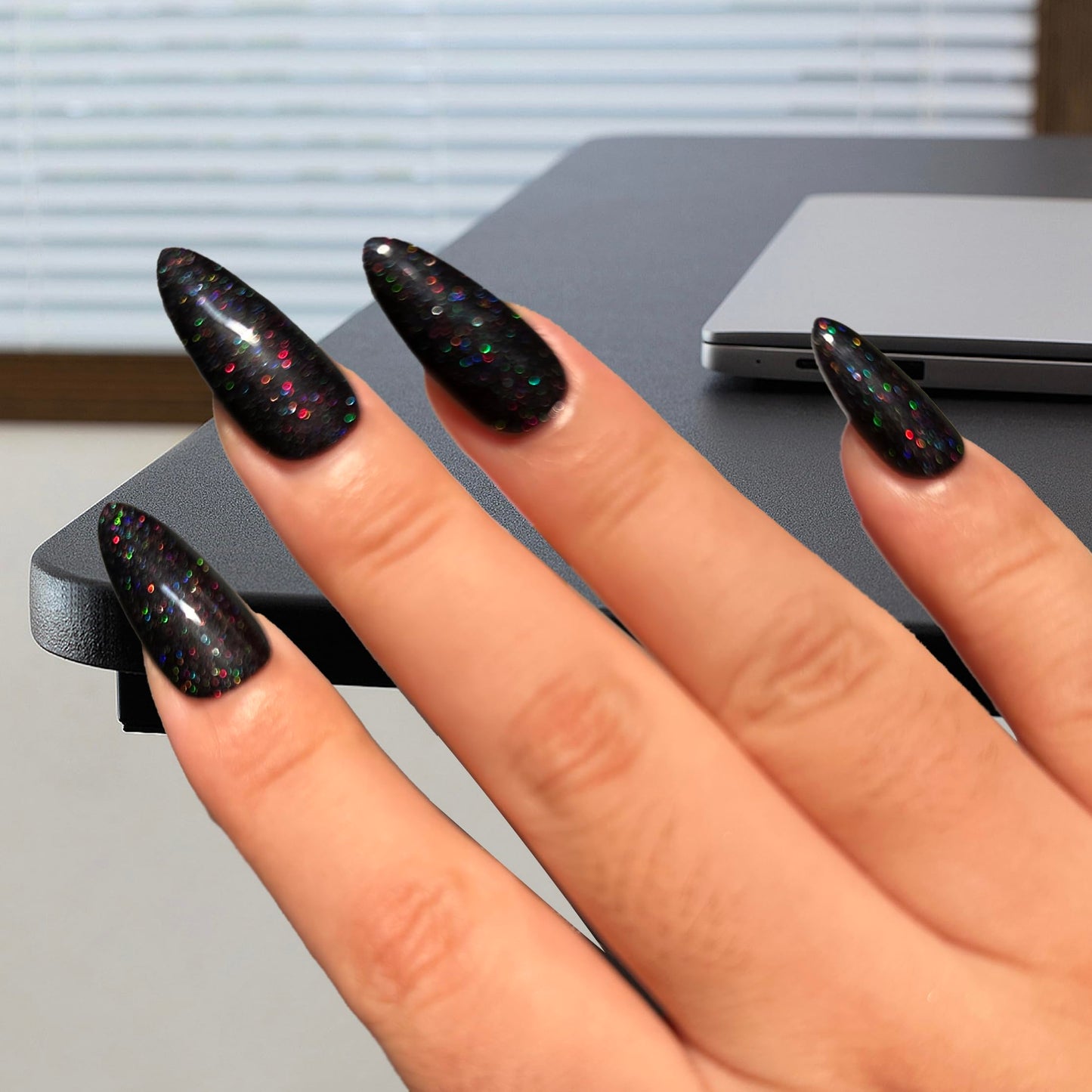 Glitter Black Press on Nails,By Artificial Apply UV Top Coat, Almond Shape Galaxy Fake Nails Stick Glue on Nails Set Reusable Complete Set of 24pcs