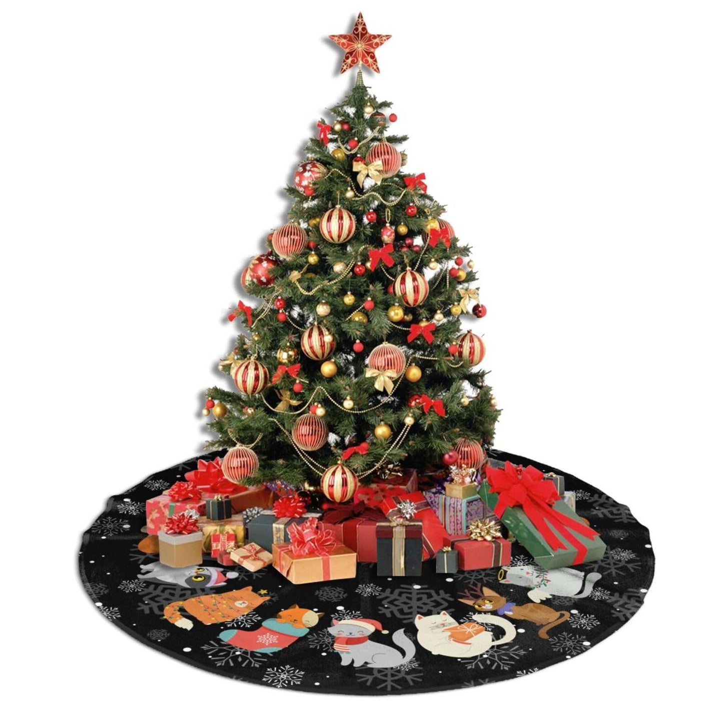 Black Cat Christmas Tree Skirt Gorgeous for Xmas Party Ornaments Holiday Decoration Accessory 30"