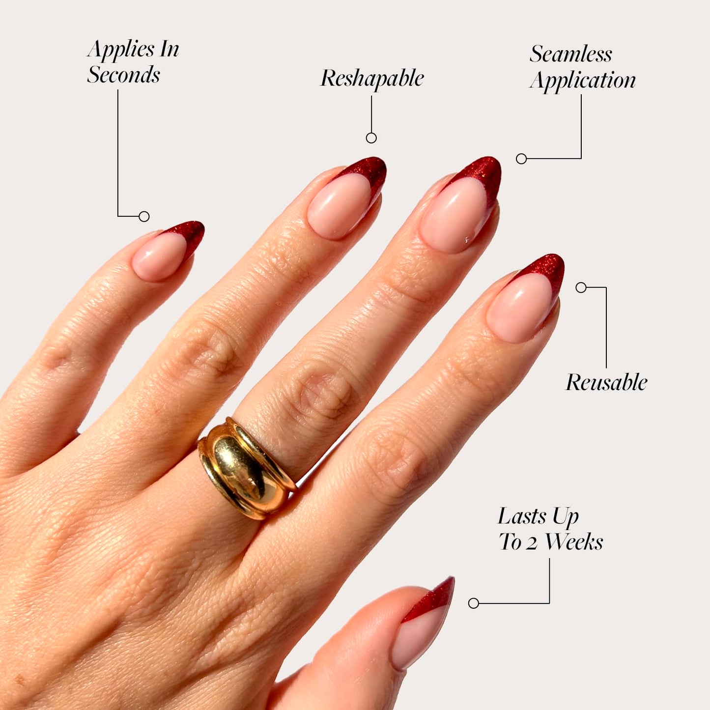 Glamnetic Press On Nails - Red Affair | Short Almond Red Glitter French Tip Fake Nails with a Glossy Finish | 15 Sizes - 30 Nail Kit with Glue