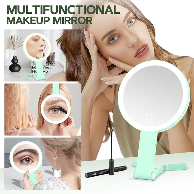 Lighted Makeup Mirror, 30X Magnifying Mirror with Light, Hanging and Handheld Mirror with Handle, Green